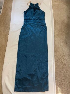 Eliza J Teal Halter Maxi Dress with Gold jeweled Chain